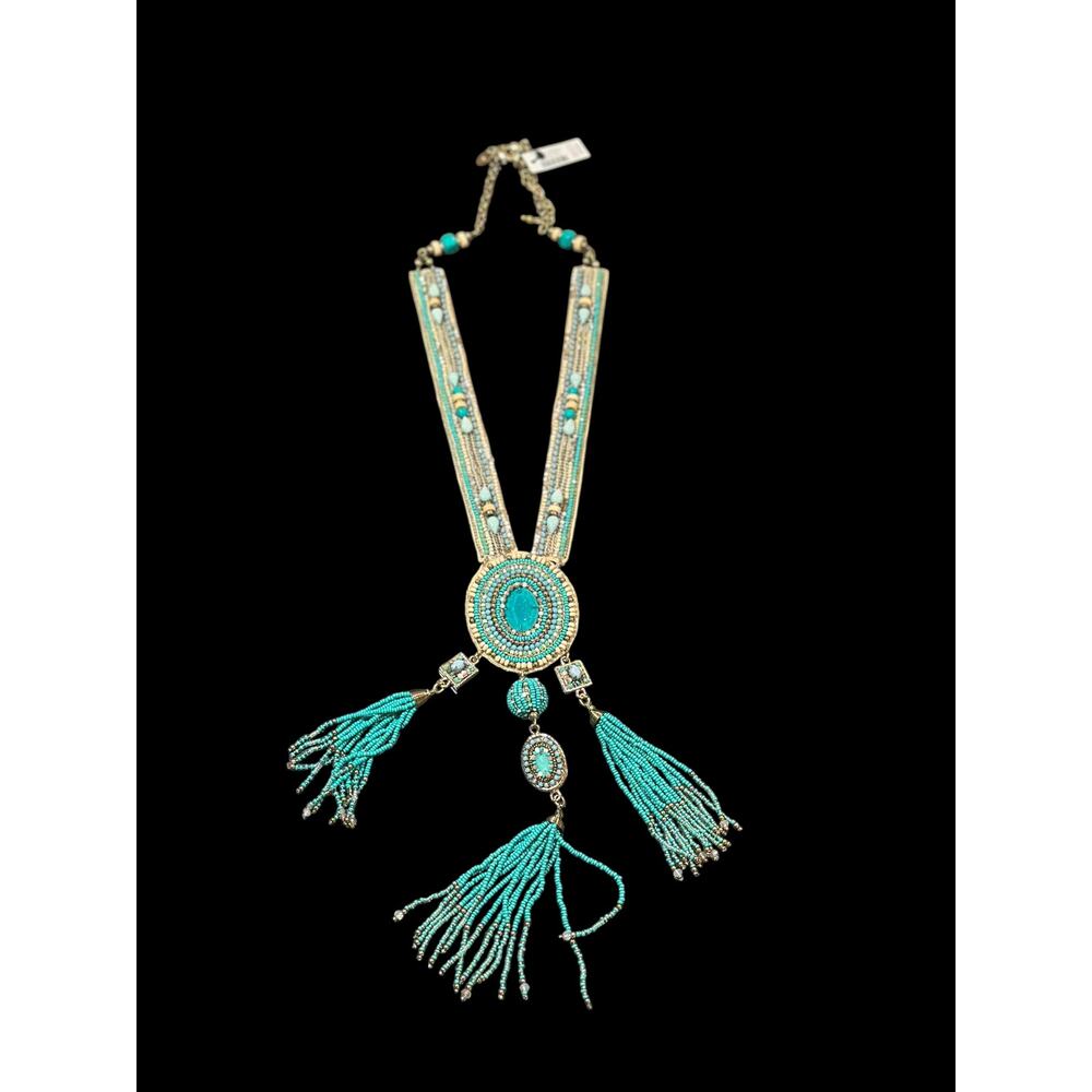 CHICO'S Boho Statement Necklace – Turquoise Fringe Tribal Beaded Medallion - Picture 10 of 13